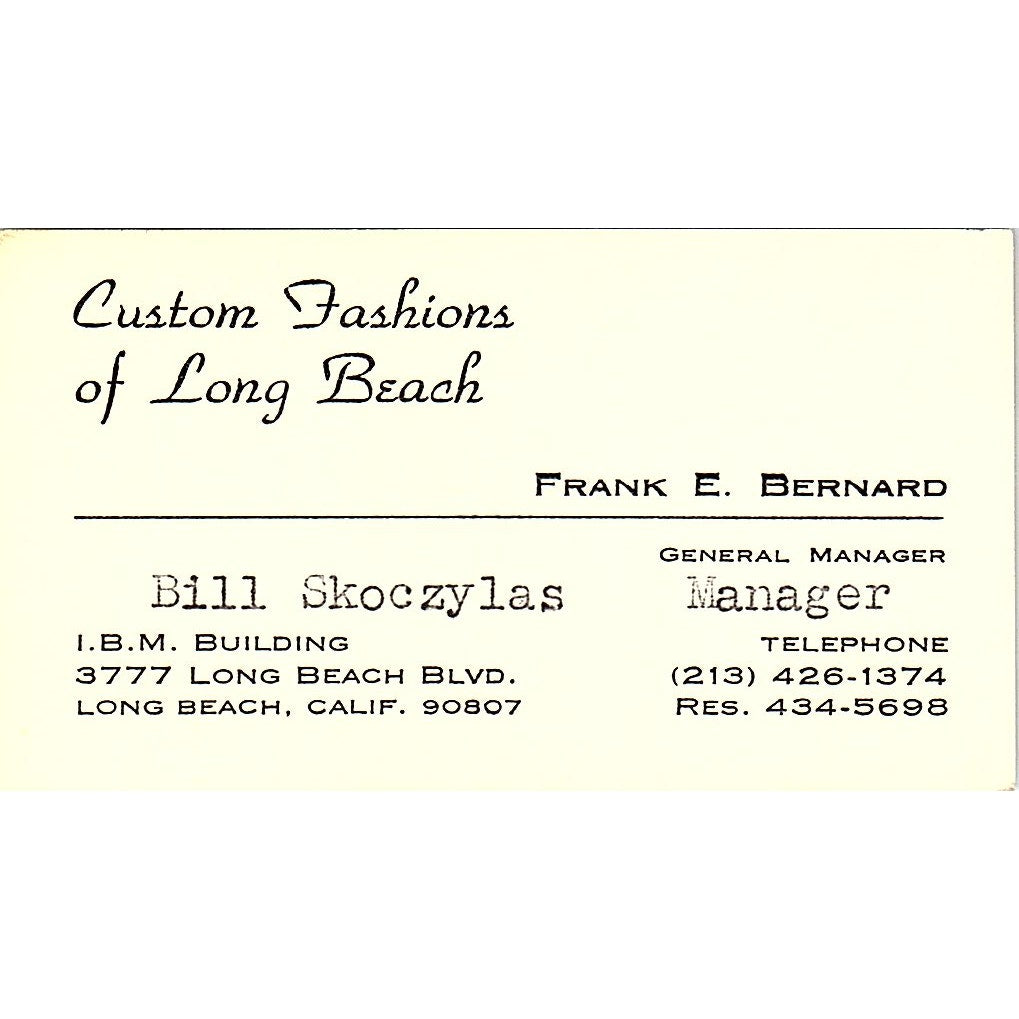 Bill Skoczylas Frank E Bernard Custom Fashions Long Beach Business Card SD9-B11