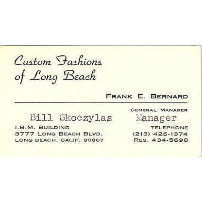 Bill Skoczylas Frank E Bernard Custom Fashions Long Beach Business Card SD9-B11
