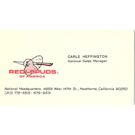 Carle Heffington Redi-Spuds of America Hawthorne CA Vtg Business Card SD9-B10