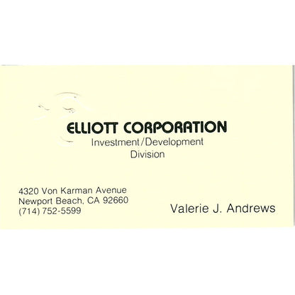 Valerie J Andrews Elliott Corporation Newport Beach CA Vtg Business Card SE3-B14