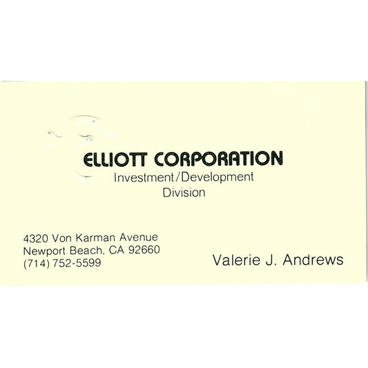 Valerie J Andrews Elliott Corporation Newport Beach CA Vtg Business Card SE3-B14