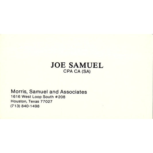 Joe Samuel Morris, Samuel & Associates CPA Houston Vintage Business Card SD9-B1