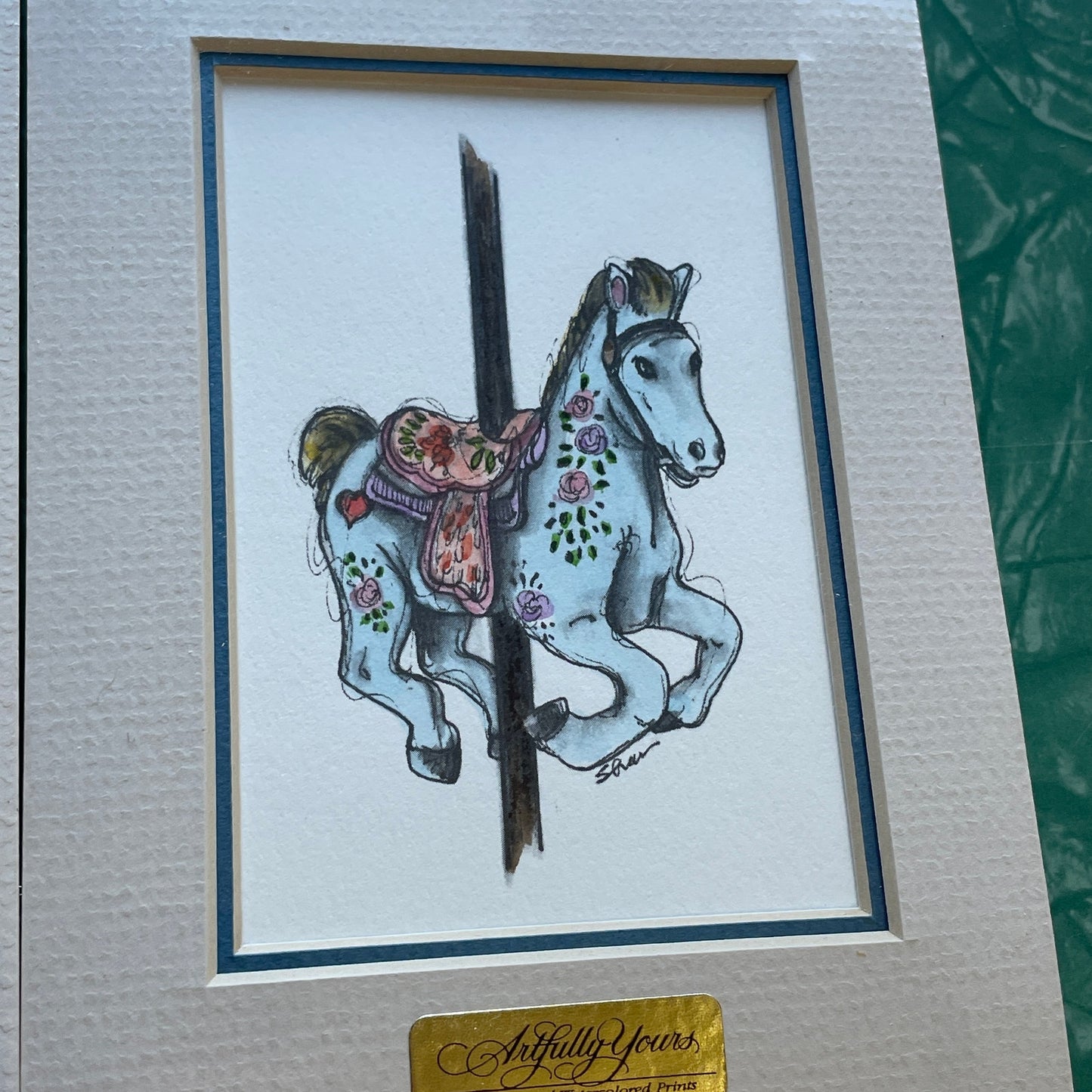 Blue Carousel Horse 5x7 Matted Print Hand Watercolor, Signed Shar Coulson