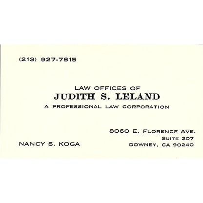Judith S Leland Law Office Nancy S Koga Downey CA Vintage Business Card SE3-B12