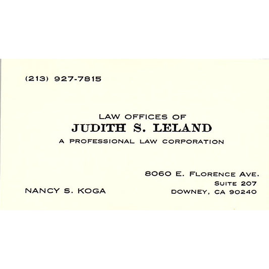Judith S Leland Law Office Nancy S Koga Downey CA Vintage Business Card SE3-B12