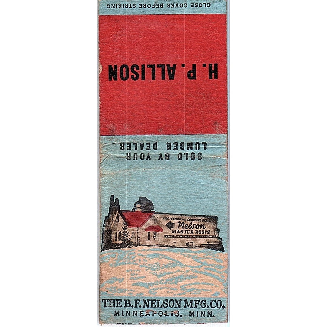 H.P. Allison The B.F. Nelson Mfg Co Minneapolis Vintage Matchbook Cover SF3-Y7