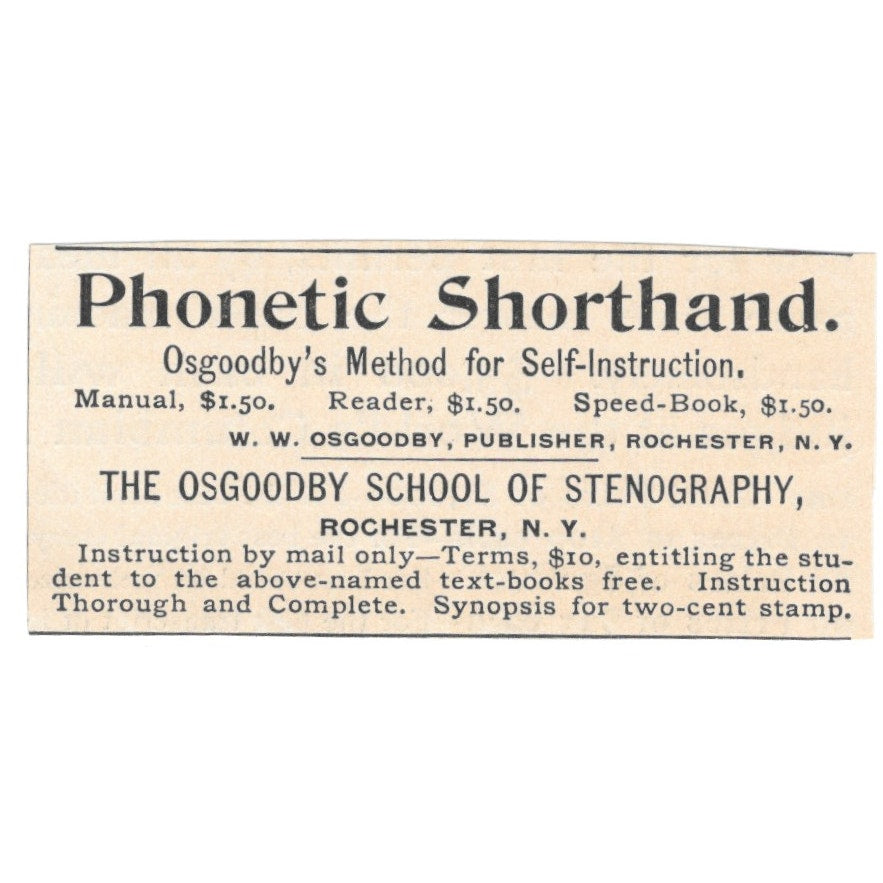 Phonetic Shorthand Osgoodby School of Stenography Rochester NY 1892 Ad AB6-S1