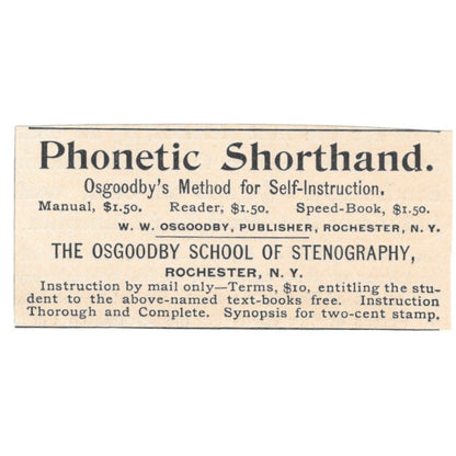 Phonetic Shorthand Osgoodby School of Stenography Rochester NY 1892 Ad AB6-S1