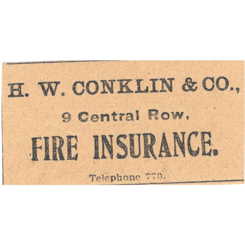 H.W. Conklin & Co Fire Ins Central Row Hartford 1901 Newspaper Ad AD8-HS9