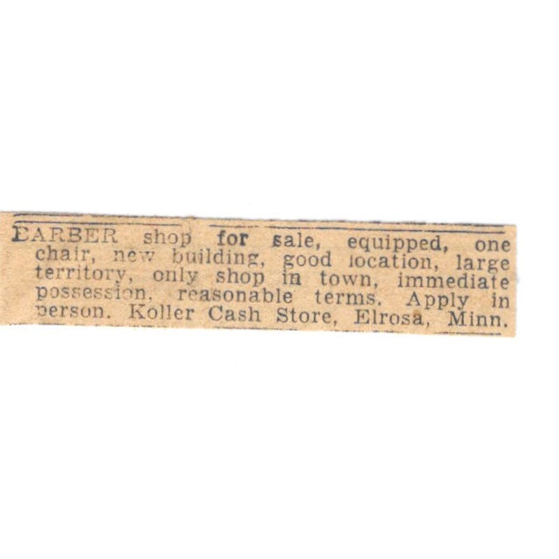 Barber Shop for Sale Elrosa MN 1935 Minneapolis Journal Advertisement AE7-H3