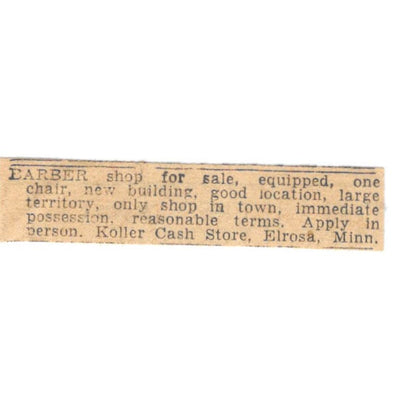 Barber Shop for Sale Elrosa MN 1935 Minneapolis Journal Advertisement AE7-H3