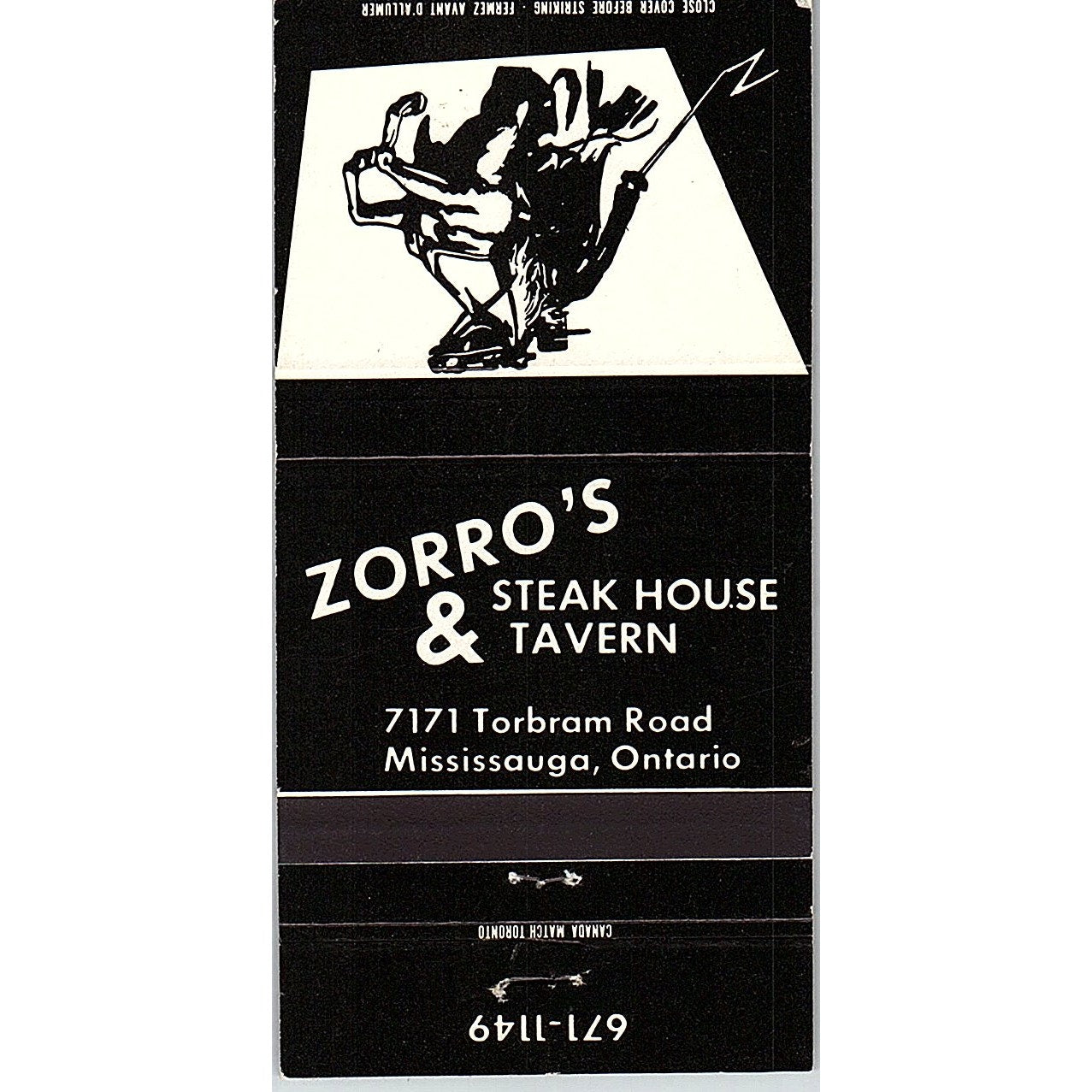 Zorro's Steak House & Tavern Mississauga Ontario Vintage Matchbook TB6-MB2-7