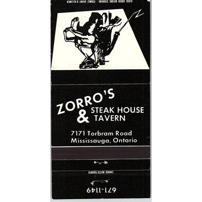 Zorro's Steak House & Tavern Mississauga Ontario Vintage Matchbook TB6-MB2-7