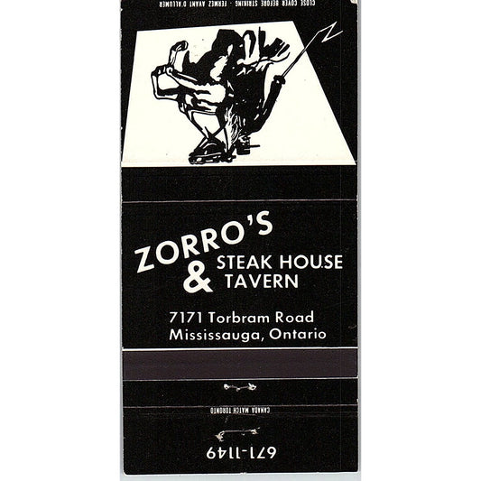Zorro's Steak House & Tavern Mississauga Ontario Vintage Matchbook TB6-MB2-7
