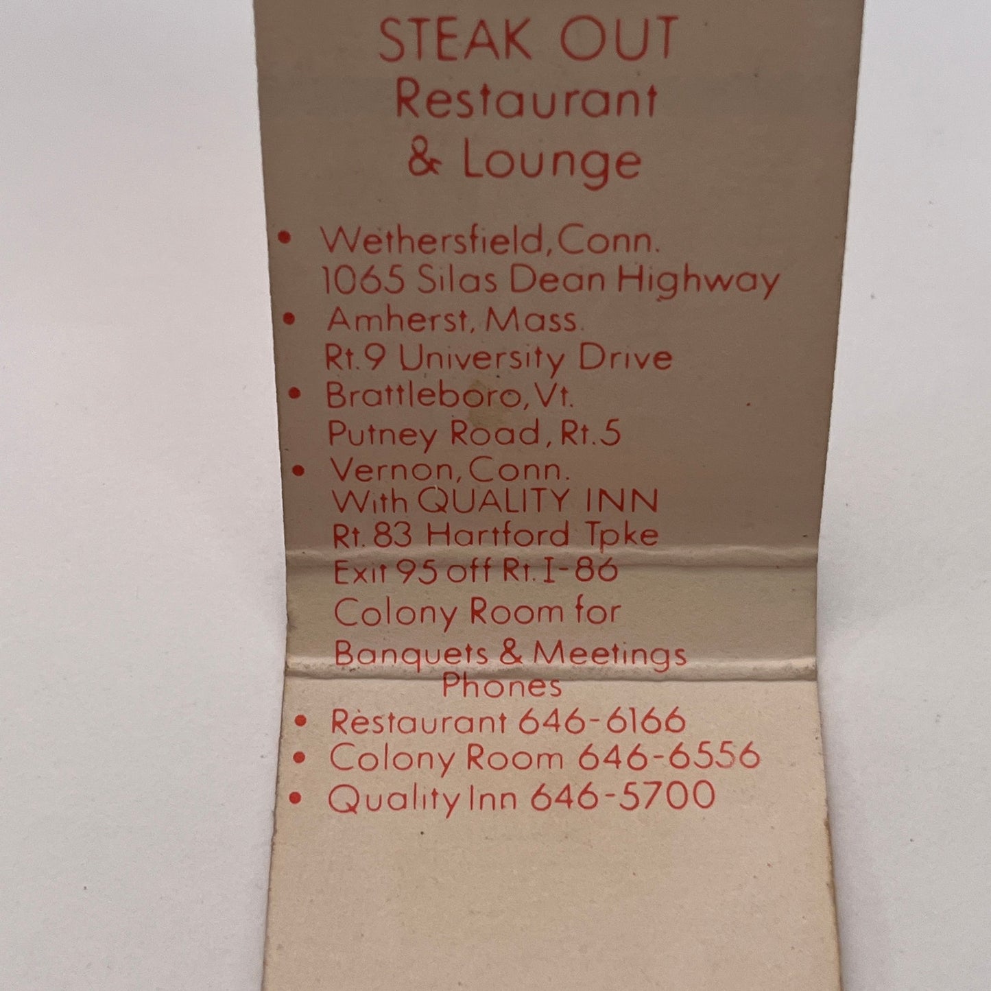 The Steak Out Restaurant Wethersfield CT Vintage Matchbook Cover TB8-MB-13