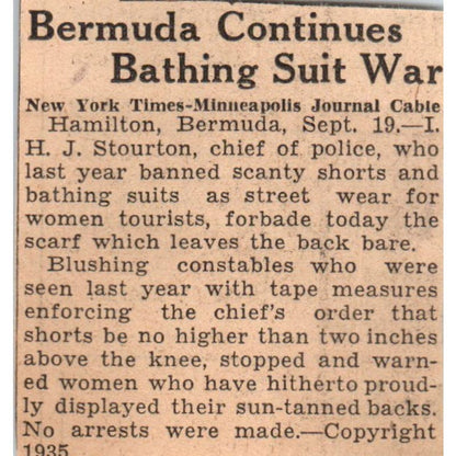 Bermuda Continues Bathing Suit War 1935 Minneapolis Journal Article AE7-N6