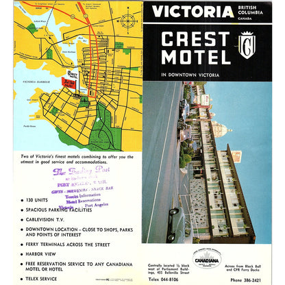 Crest Motel in Downtown Victoria BC Canada 1960s Travel Brochure TH2-TB4