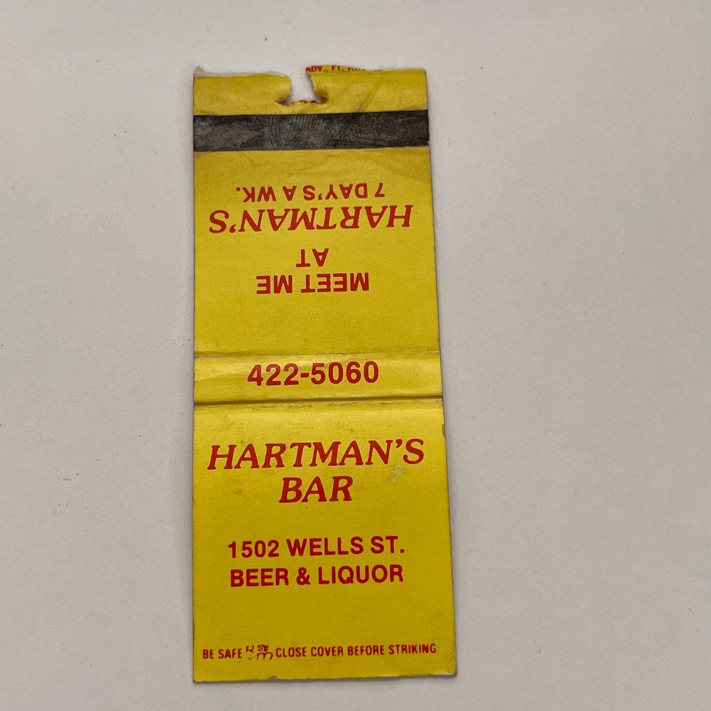Hartman's Bar 1502 Wells St Fort Wayne IN Vintage Matchbook TB6-MB2-15