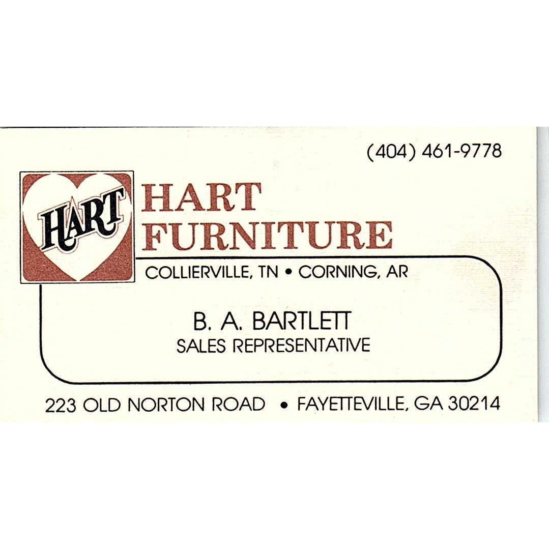 Hart Furniture B.A. Bartlett Collierville TN Corning AR Business Card SC9-B8