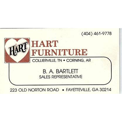 Hart Furniture B.A. Bartlett Collierville TN Corning AR Business Card SC9-B8