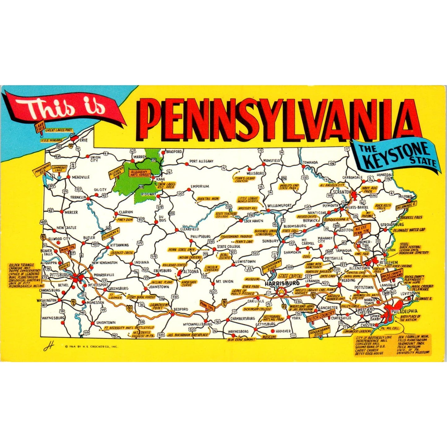 Pennsylvania Tourist Attraction Illustrated Map Vintage Postcard PD4