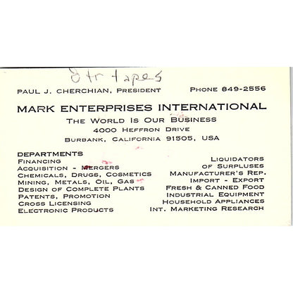 Paul J Cherchian Mark Enterprises Intl Burbank CA Vintage Business Card SC9-B6