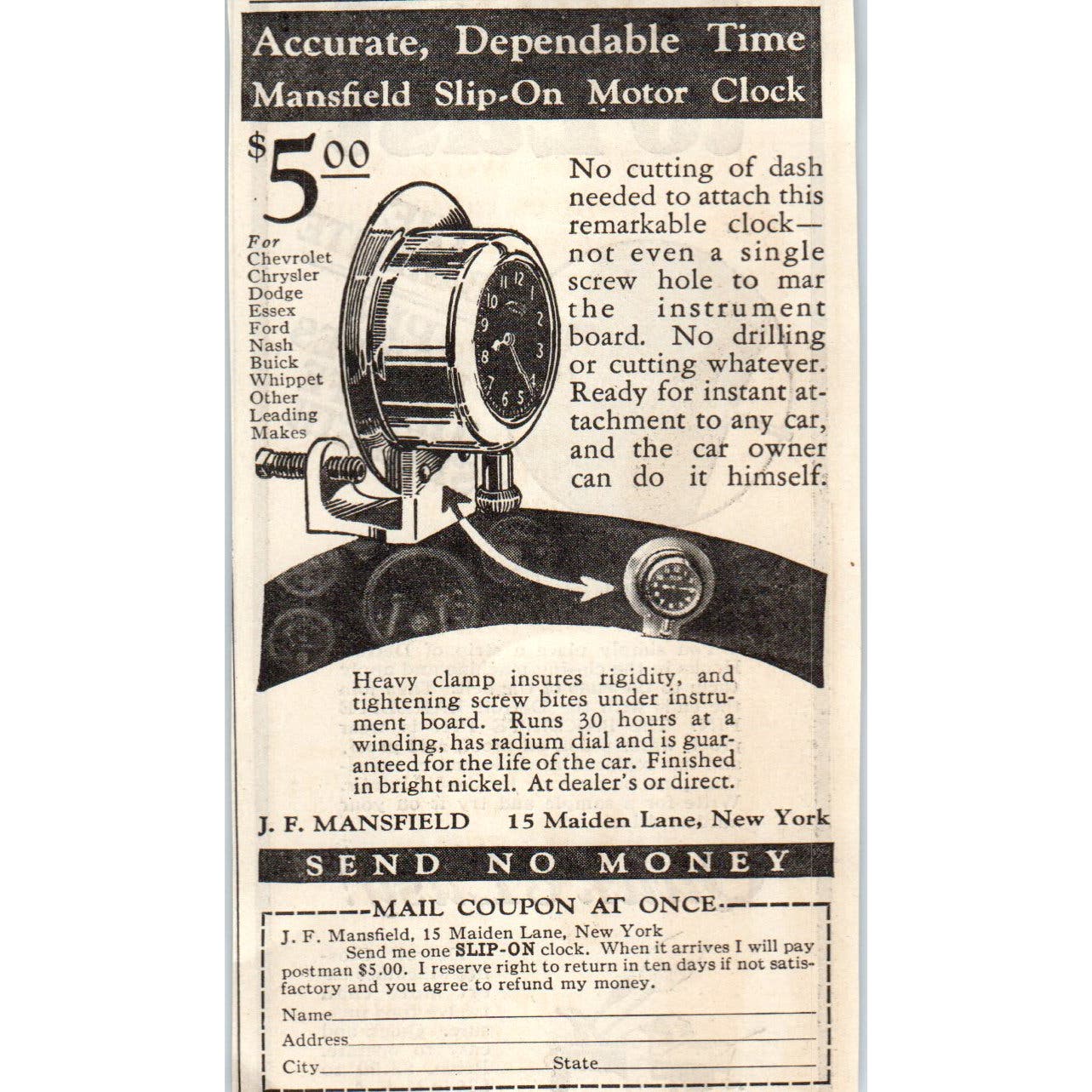 J.F. Mansfield Slip-On Motor Clock for Cars 1928 Original Advertisement AE5-SSE