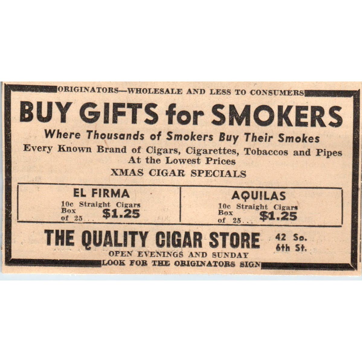 The Quality Cigar Store 42 So. 6th St. 1935 Minneapolis Journal Ad AE7-H2
