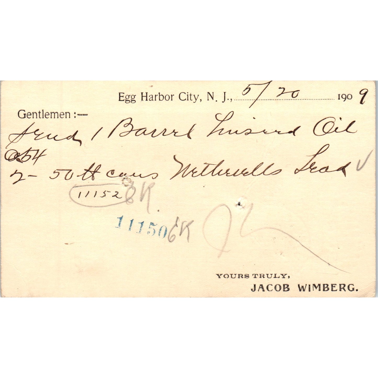 1909 Jacob Wimberg Egg Harbor City NJ Postal Mailing Card PE6