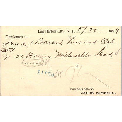 1909 Jacob Wimberg Egg Harbor City NJ Postal Mailing Card PE6