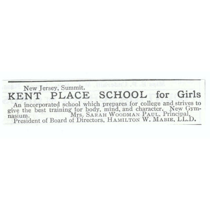 Kent Place Girls School Summit NJ Sarah Woodman Paul 1903 Magazine Ad AF7-SS1