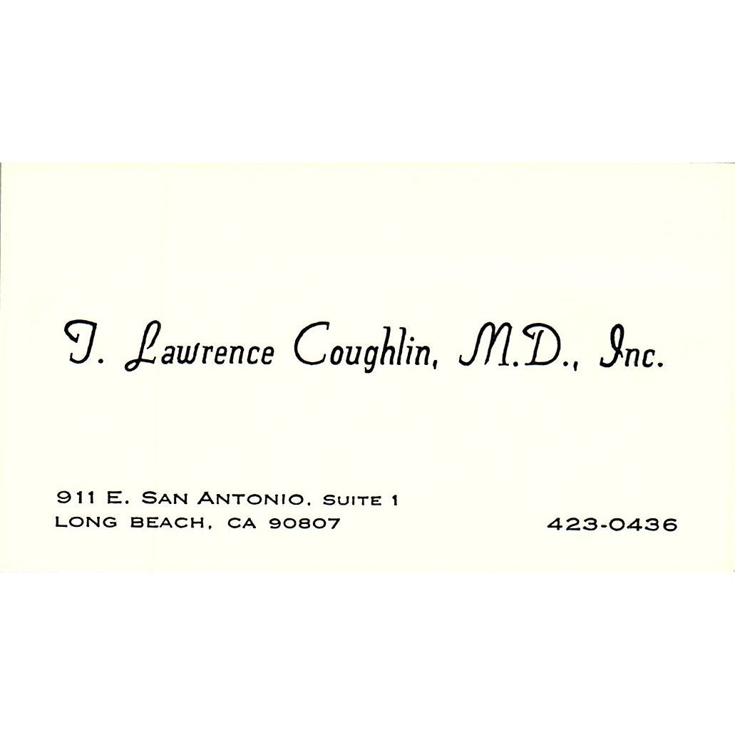 J. Lawrence Coughlin, M.D., Long beach, CA Vintage Business Card SF3-B8