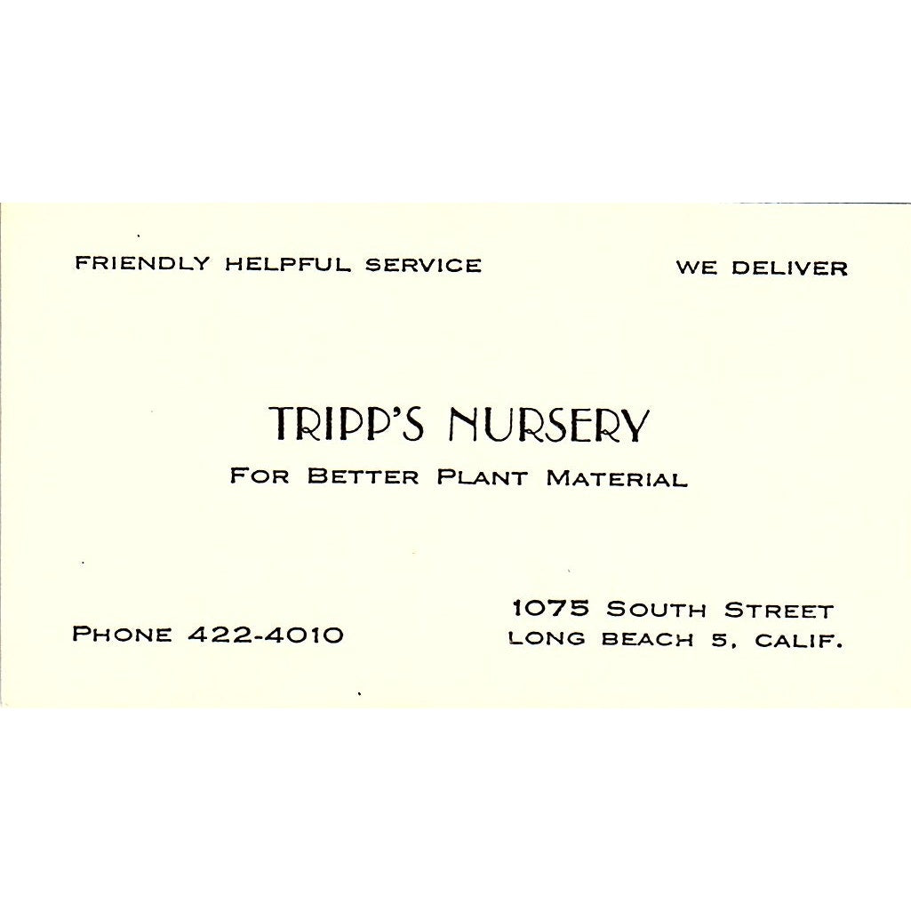 Tripp's Nursery For Better Plant Material Long Beach CA Business Card SSB4-B13
