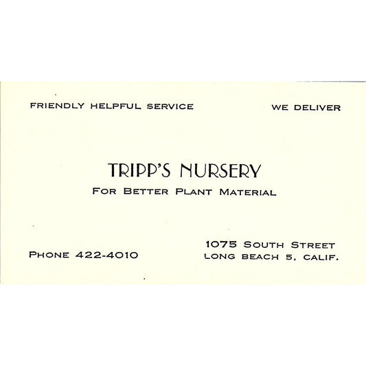 Tripp's Nursery For Better Plant Material Long Beach CA Business Card SSB4-B13