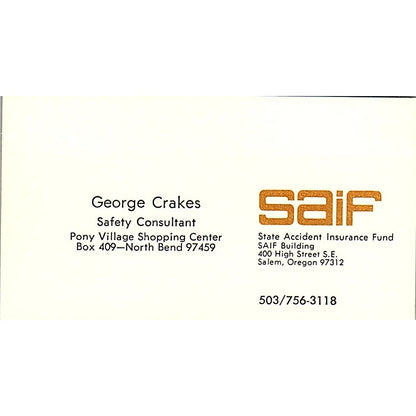 Georges Crakes SAIF Salem OR Vintage Business Card SD9-B8