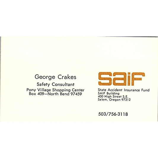Georges Crakes SAIF Salem OR Vintage Business Card SD9-B8
