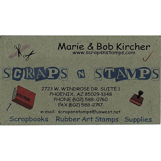 Marie & Bob Kircher Scraps & Stamps Phoenix AZ Vintage Business Card SC9-B10