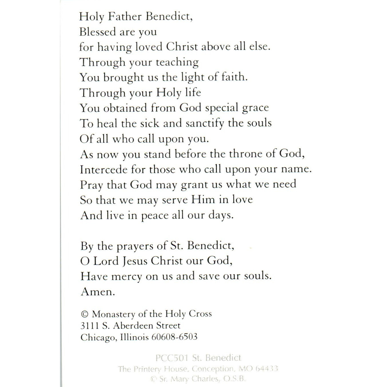 Prayer of St. Benedict Monastery of the Holy Cross Vintage Catholic Card TH2-PC1