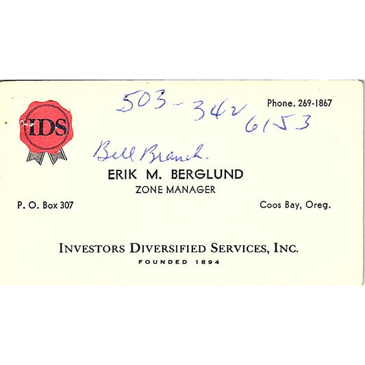 Investor Diversified Services Erik M Berglund Coos Bay Oreg Business Card SF3-B5