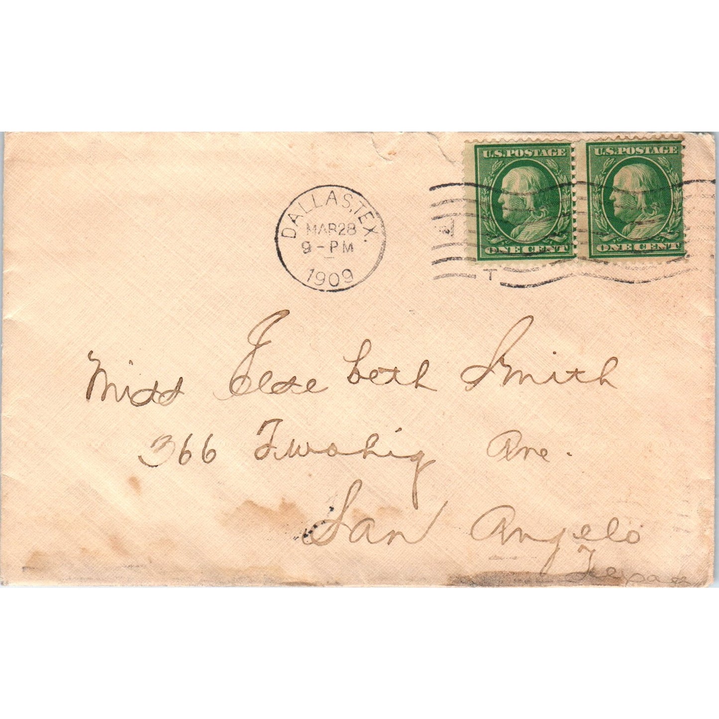 1909 Dallas TX to Else Beth Smith San Angelo Postal Cover Envelope TG7-PC2