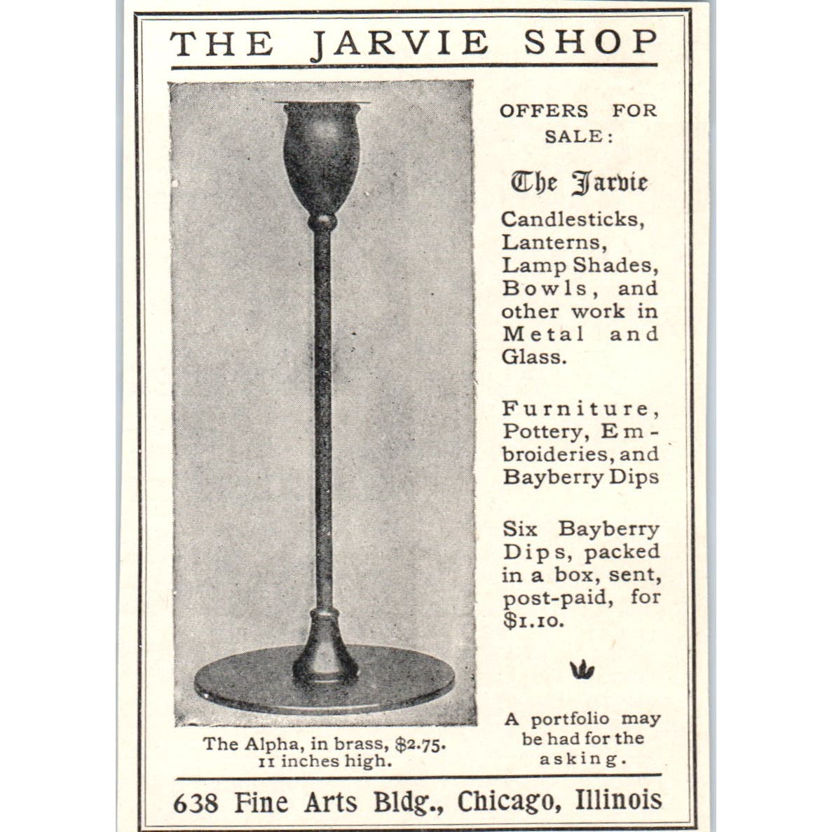 The Jarvie Shop Alpha Brass Candlestick Chicago IL c1905 Victorian Ad AE9-MA5