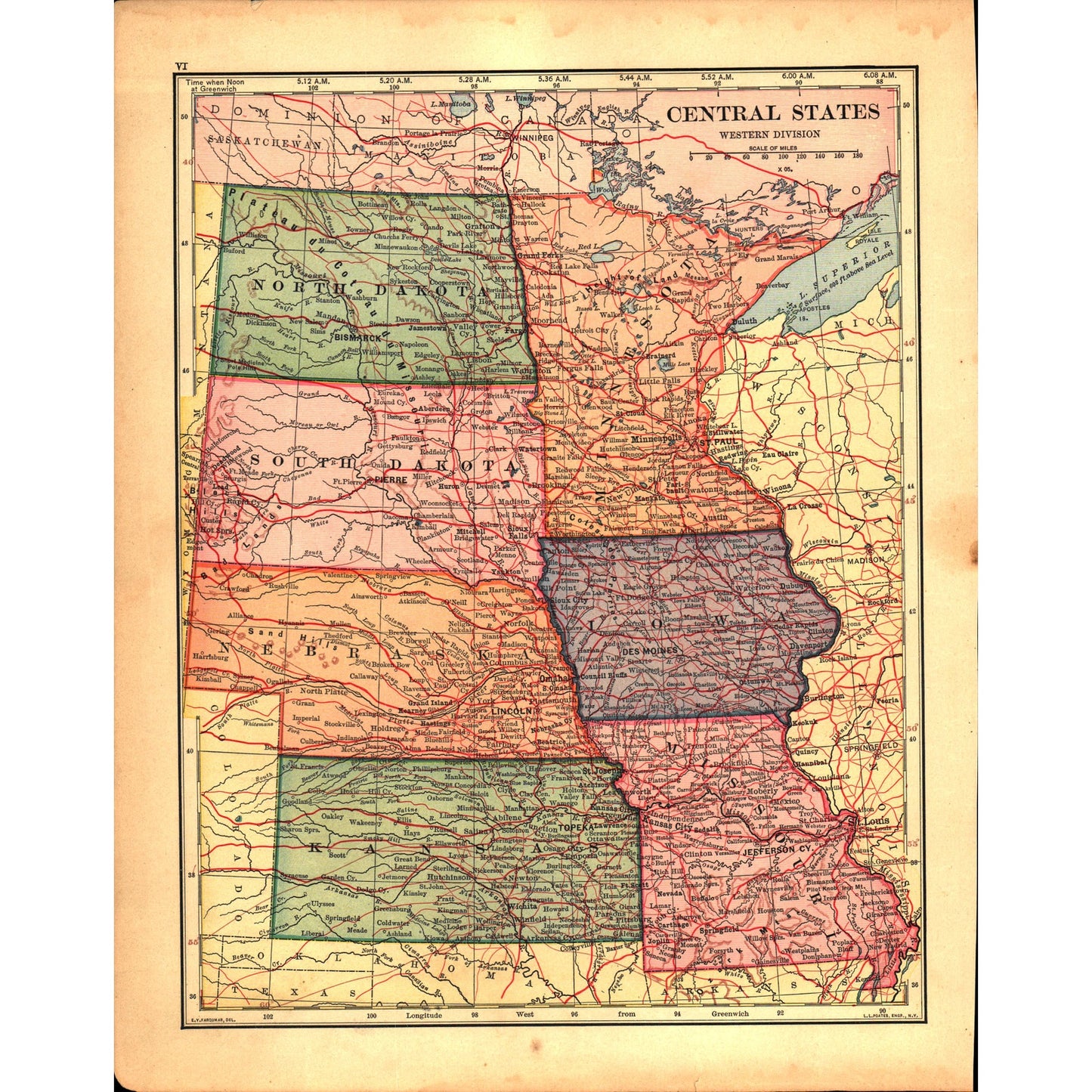 Map of USA Central States / New England States 1901 Original Engraving V1-1