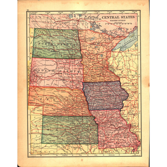 Map of USA Central States / New England States 1901 Original Engraving V1-1