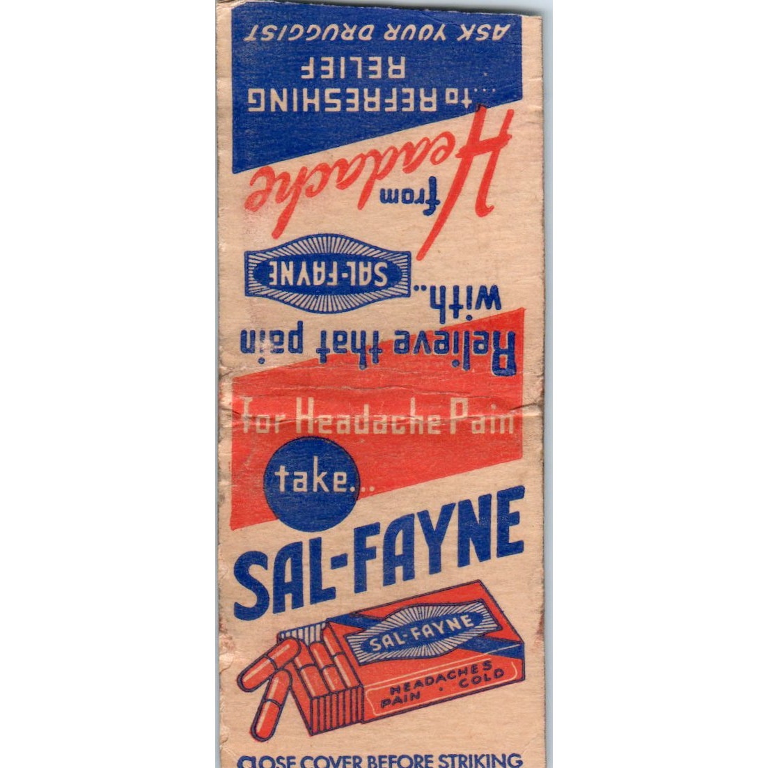 Sal-Fayne Headache Relief Medicine Vintage Matchbook Cover SF4-Y2