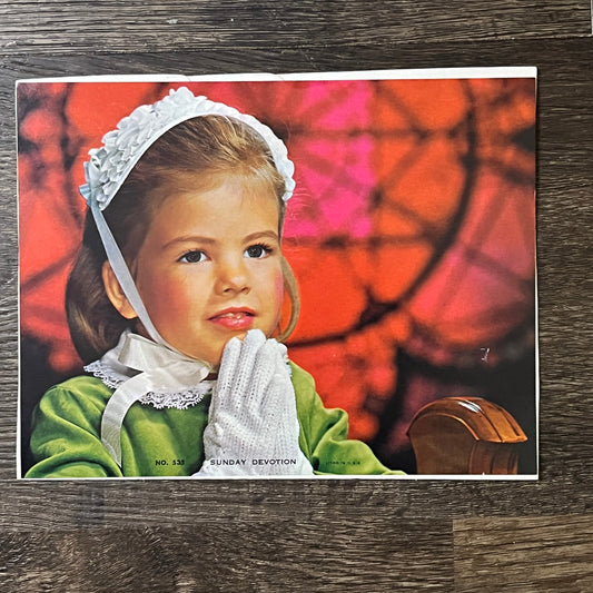 Retro Kitsch Sunday Devotion Little Girl in Bonnet & Gloves Praying 6x8 Print V2