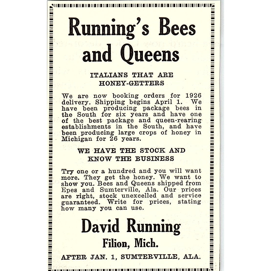 Running's Bees and Queens David Running Filon MI 1926 Ad AG3-M8