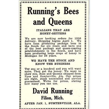 Running's Bees and Queens David Running Filon MI 1926 Ad AG3-M8