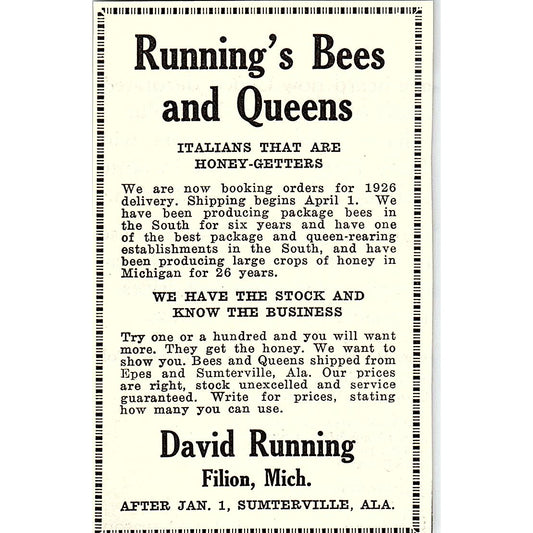 Running's Bees and Queens David Running Filon MI 1926 Ad AG3-M8