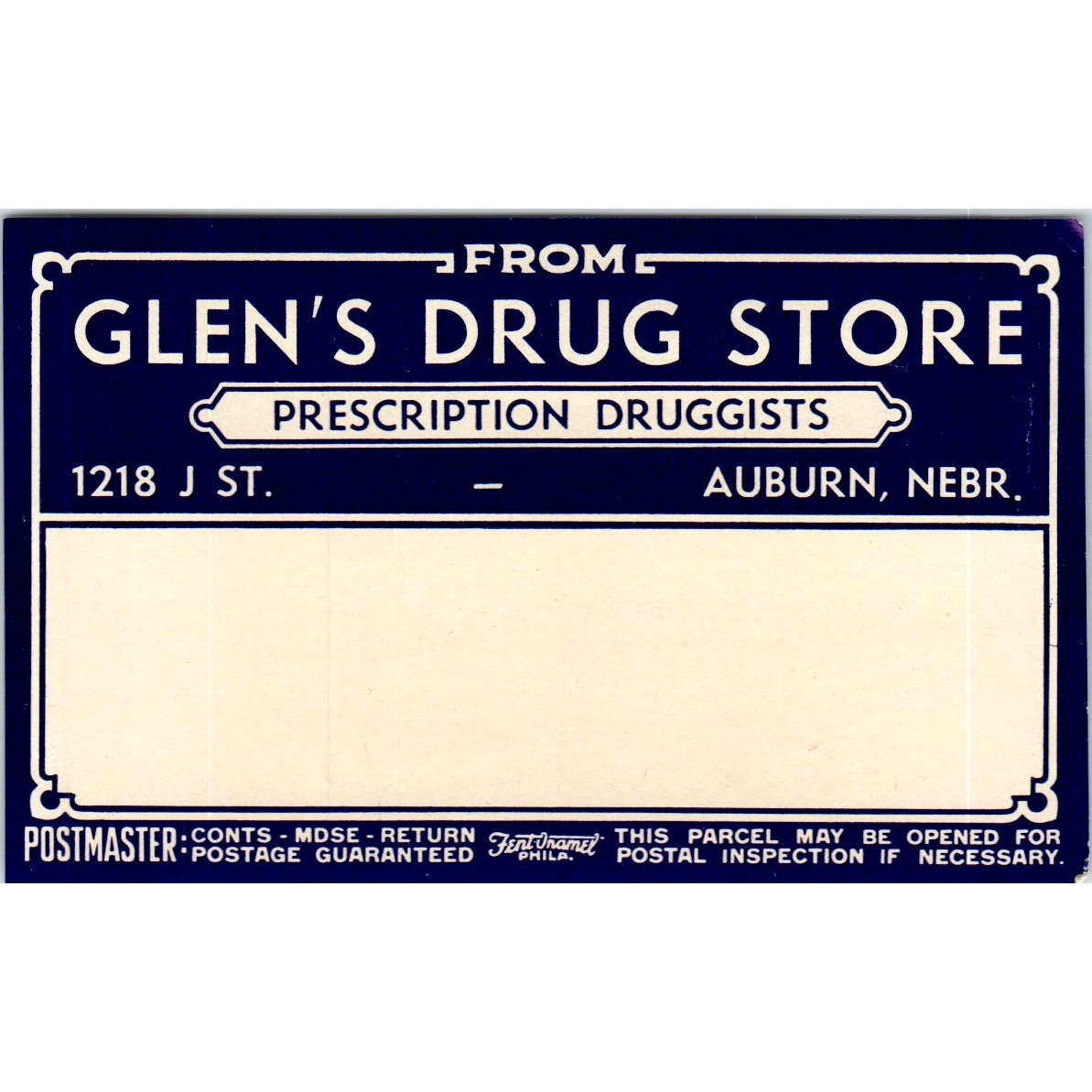 Glen's Drug Store Auburn Nebraska Antique Apothecary Label D24