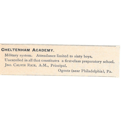 Cheltenham Academy Jno. Calvin Rice Ogontz Philadelphia 1892 Magazine Ad AK6-S5